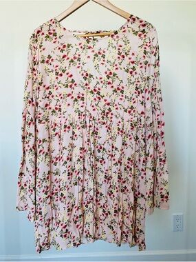 Forever 21 Pink Floral Babydoll Tunic with Red & Green Accents